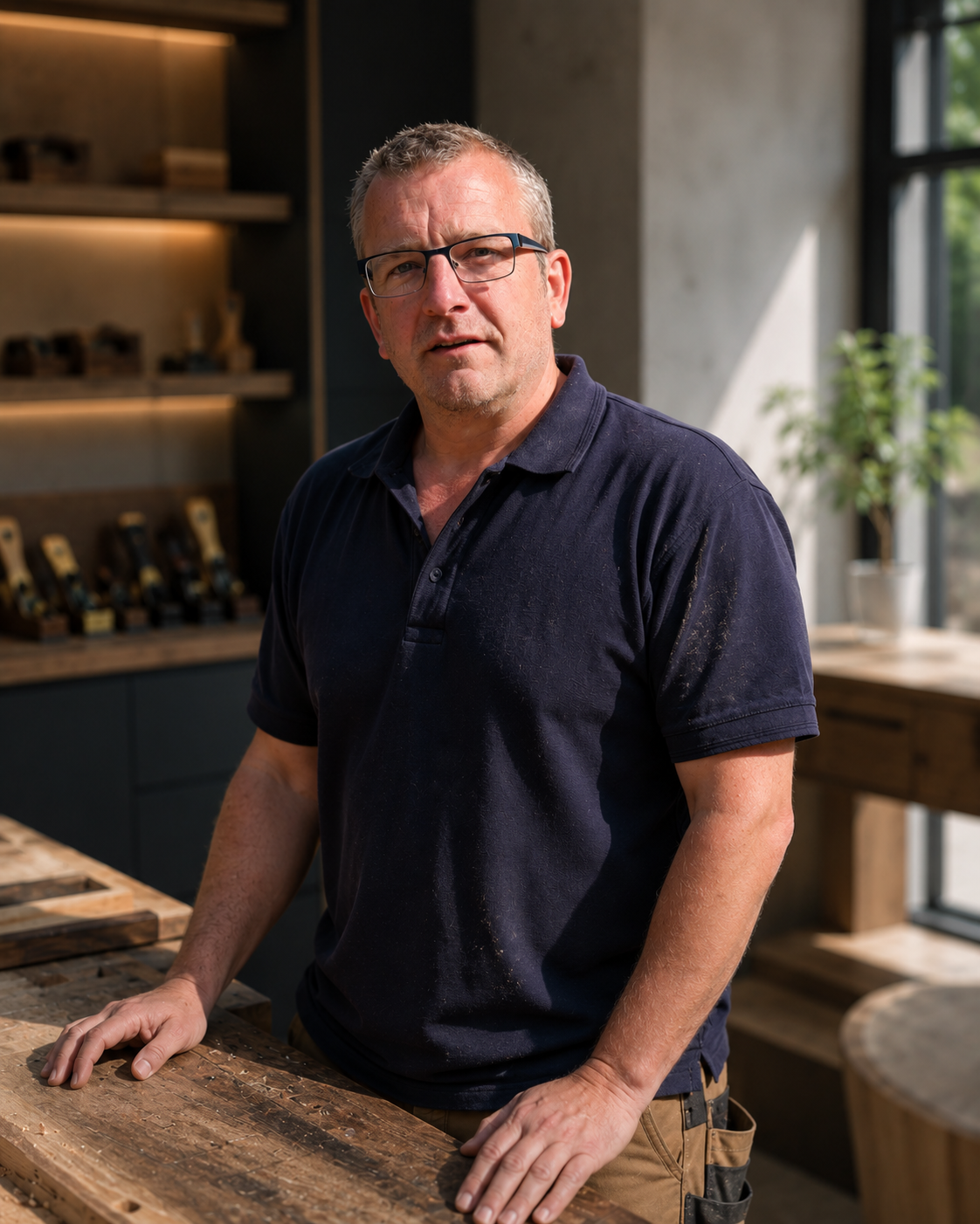 Paul, Workshop Foreman & Bespoke Joiner, at his workbench at Benjamin Henry HQ