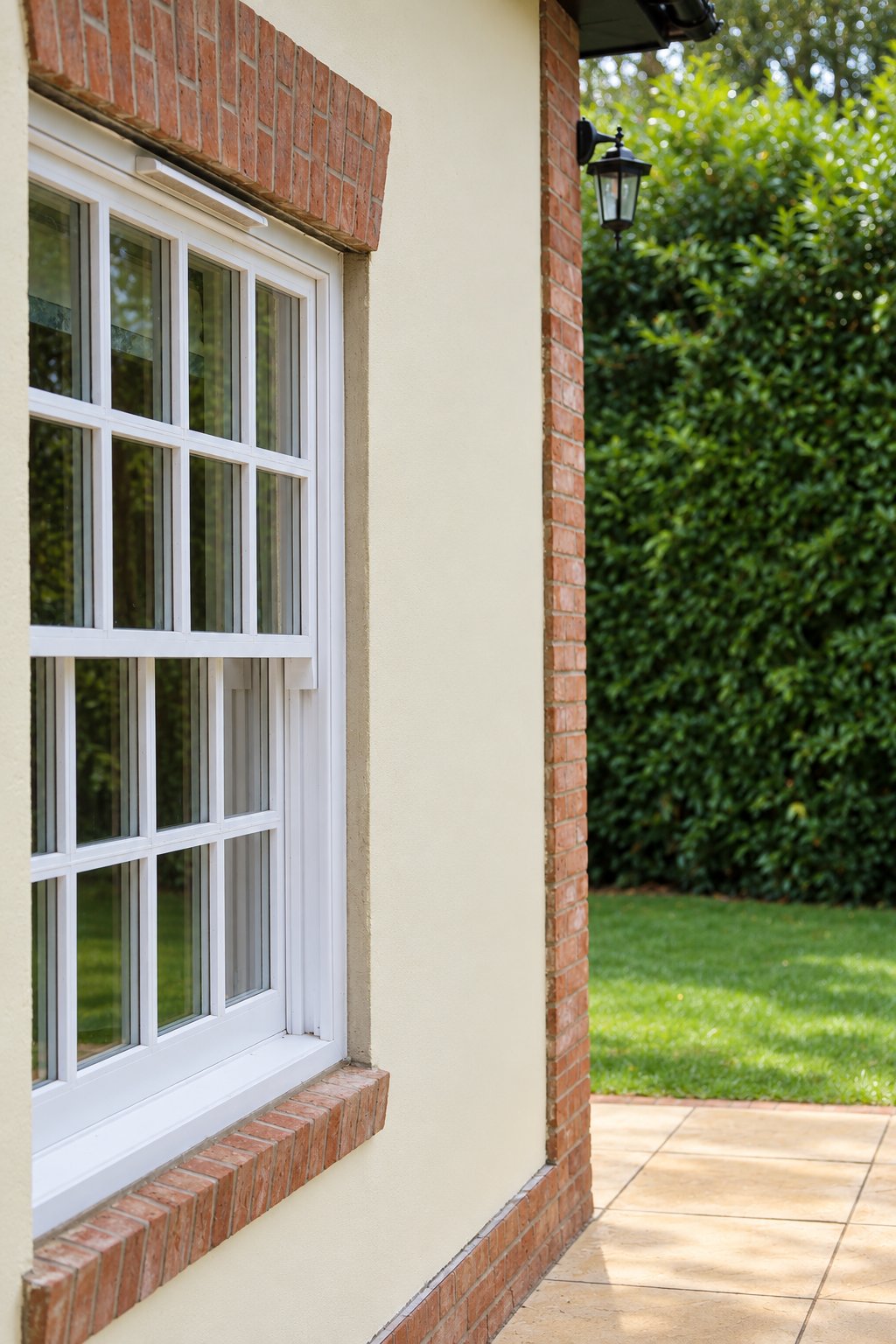 Close view of a white timber sash window with slender glazing bars set within red brick