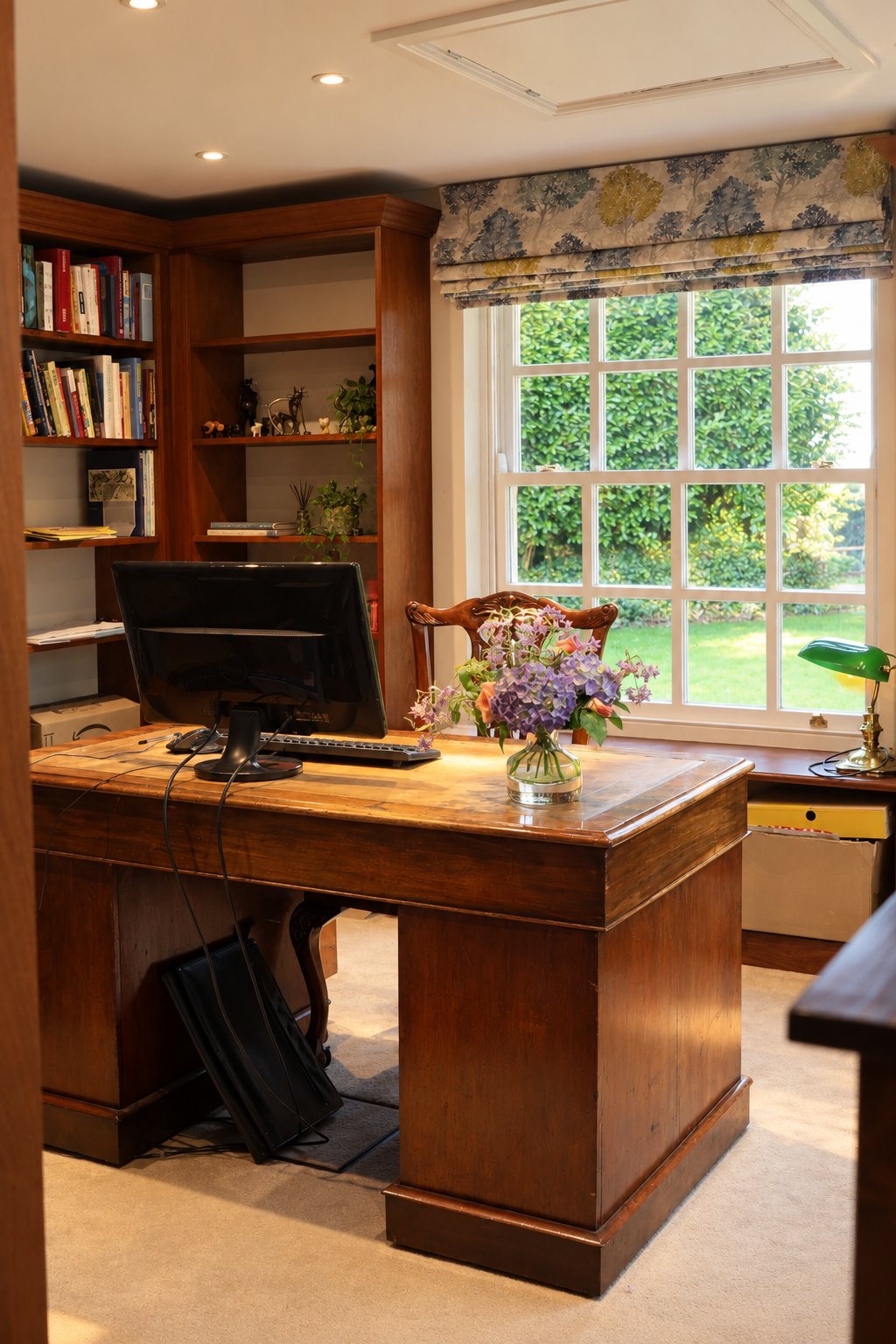 The new study interior at Thurloxton Manor with bespoke bookshelves & a sash window overlooking the garden