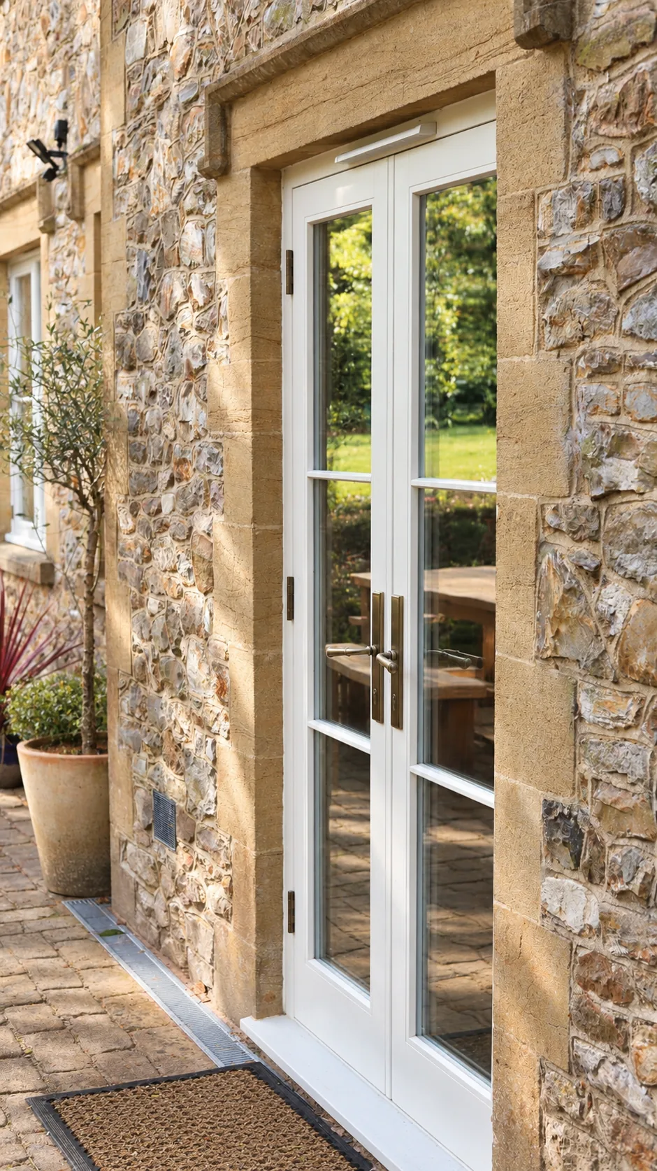Bespoke white painted timber French doors with glazing bars, set in a stone surround