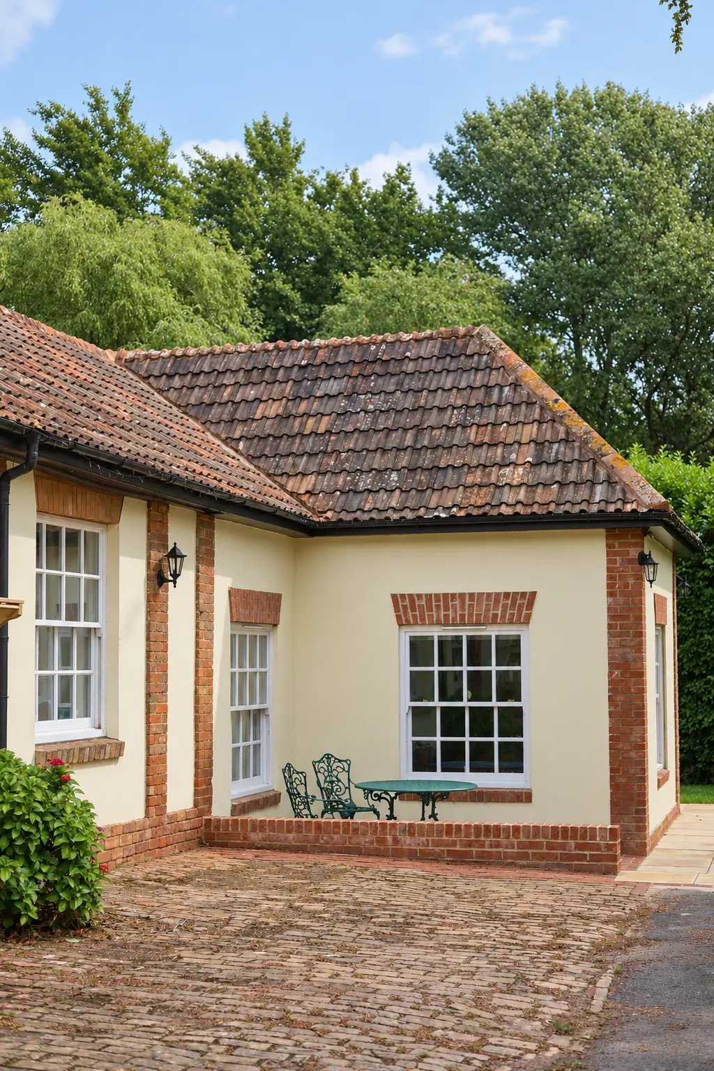 The converted stable block at Thurloxton Manor with cream render, red brick quoins & white timber sash windows
