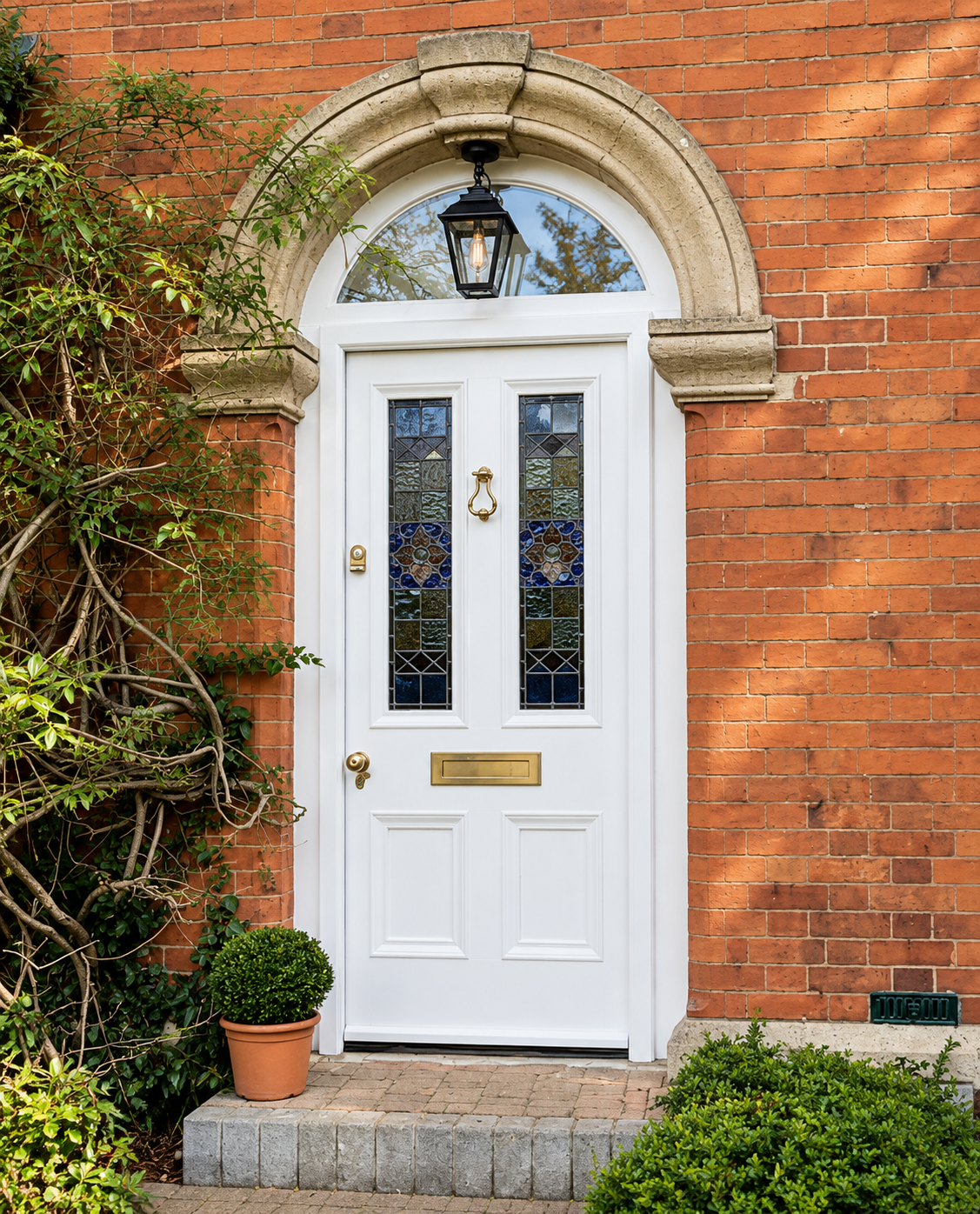 Bespoke white painted entrance door with an arched stone fanlight & stained-glass side panels