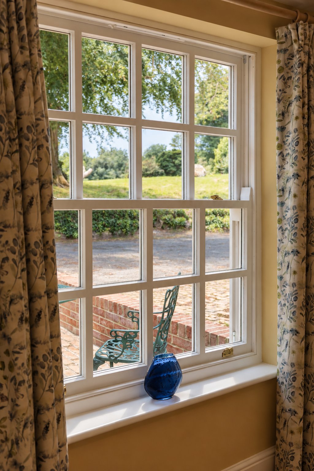 View through a white timber sash window over the terrace & garden at Thurloxton Manor