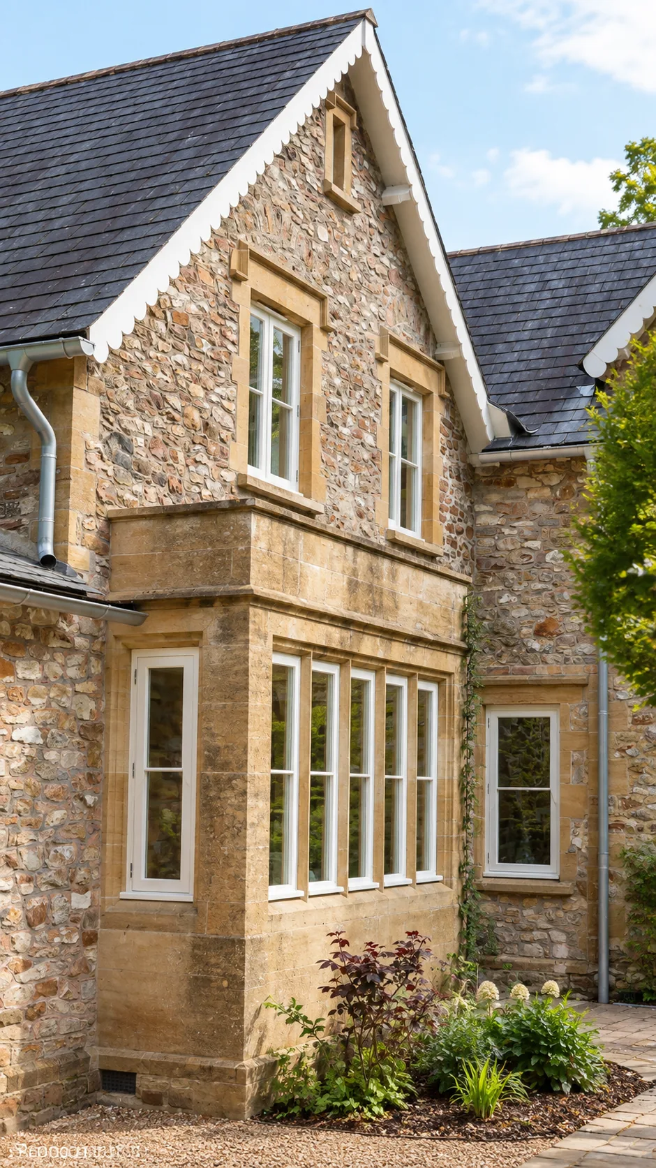 Stone & flint gable of Widcombe Grange with white painted bespoke timber casement windows
